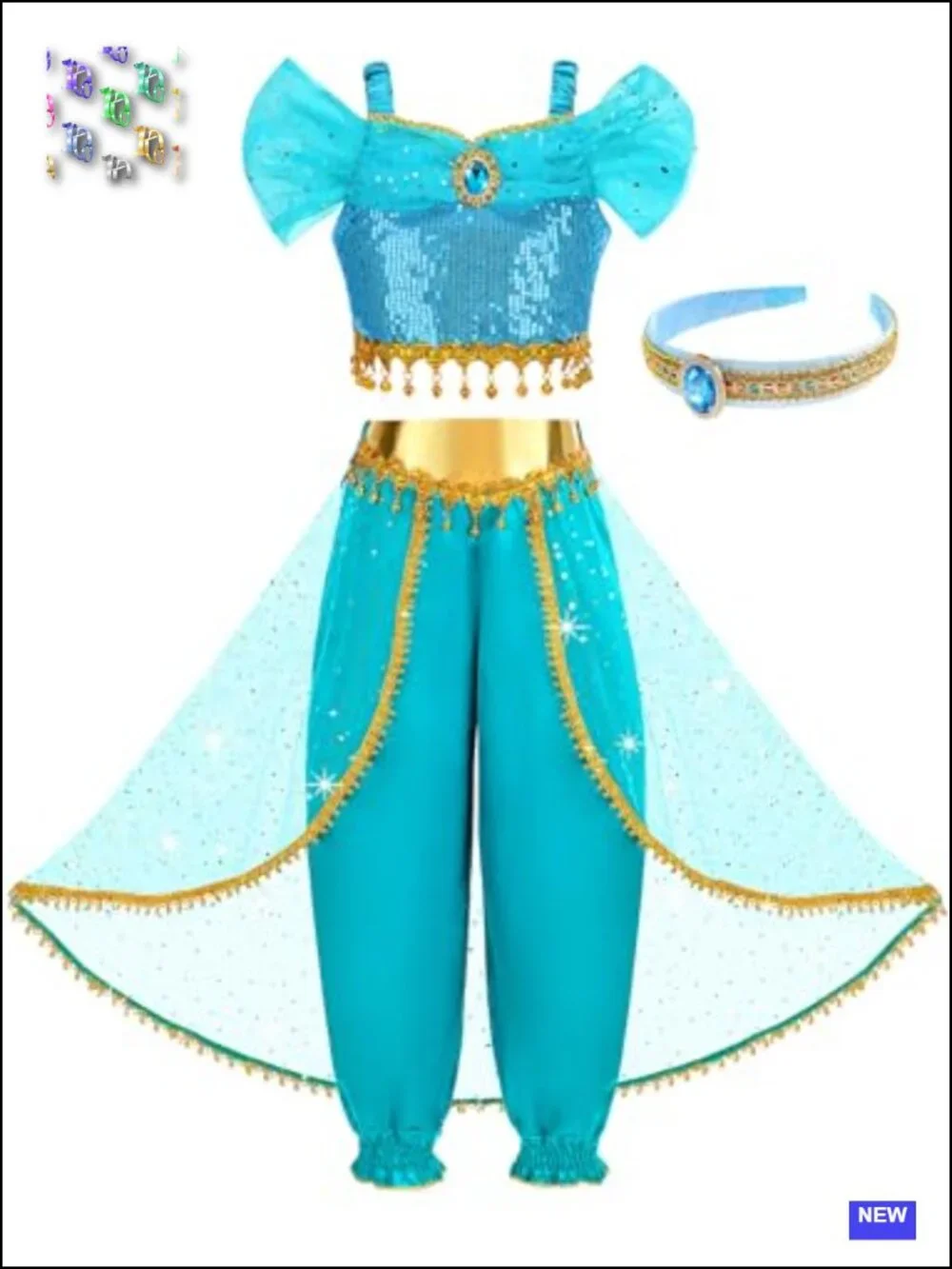 Girls Arabian Princess Costume 3-Piece Set Crop Top Pants Headband
